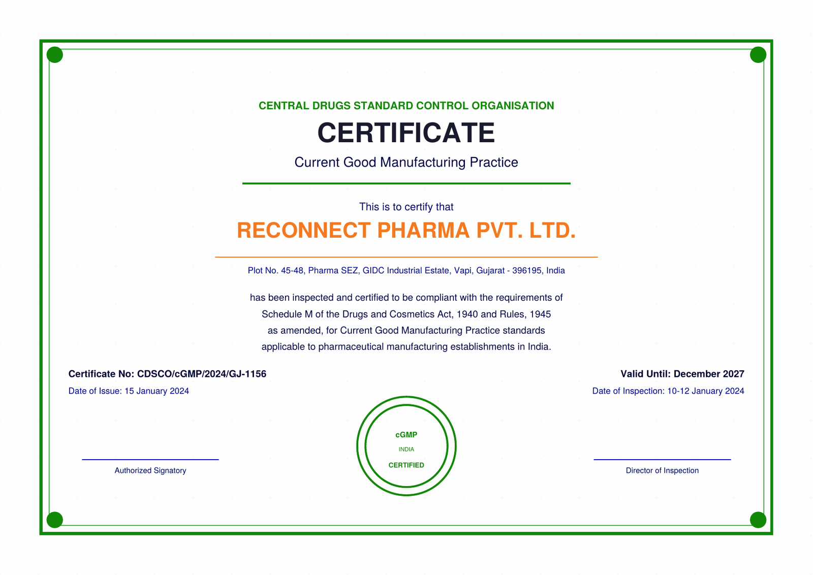 cGMP Certificate