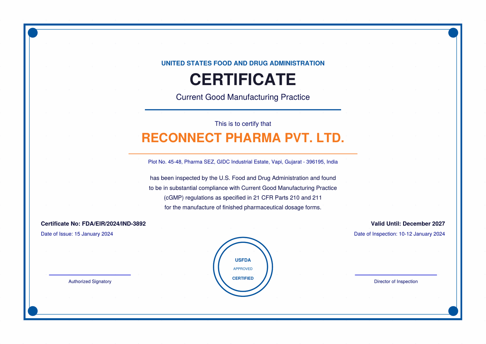 USFDA Certificate