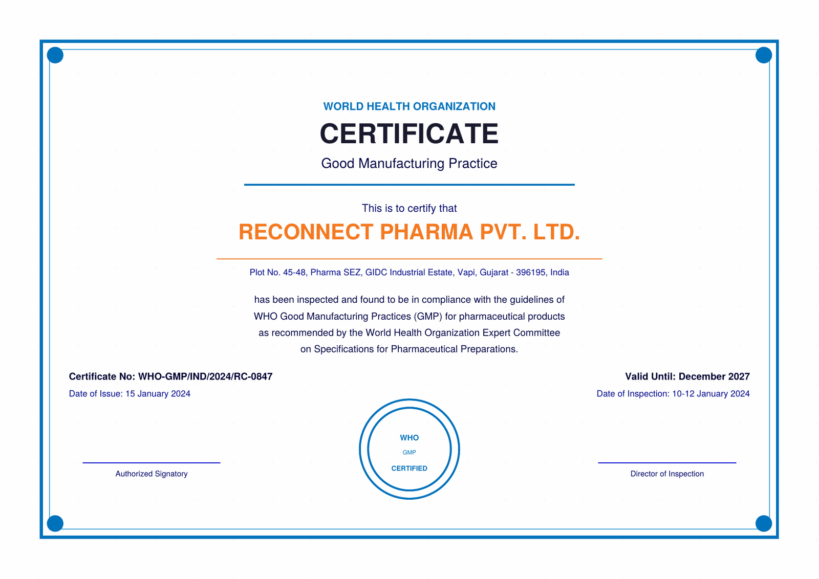WHO-GMP Certificate